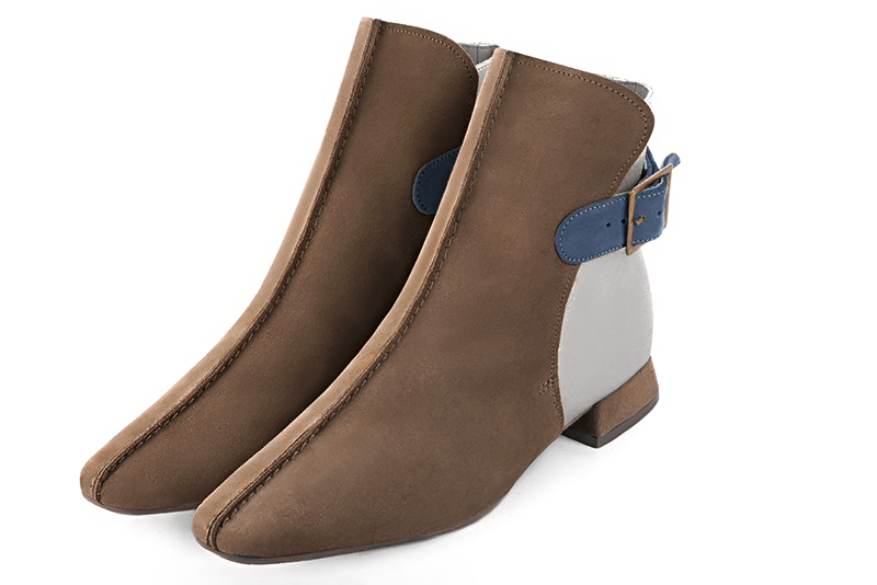 Chocolate brown, light silver and denim blue women's ankle boots with buckles at the back. Square toe. Flat flare heels. Front view - Florence KOOIJMAN